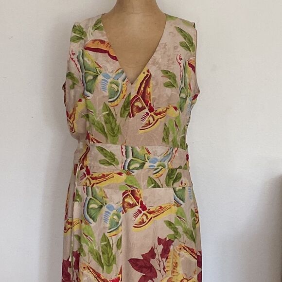 Citron silk dress sz M Luna moth leaf print beige green red yellow EUC waist tie - Picture 6 of 8
